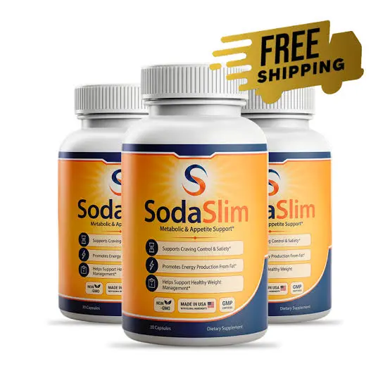Three bottles of Soda Slim capsules with free shipping badge