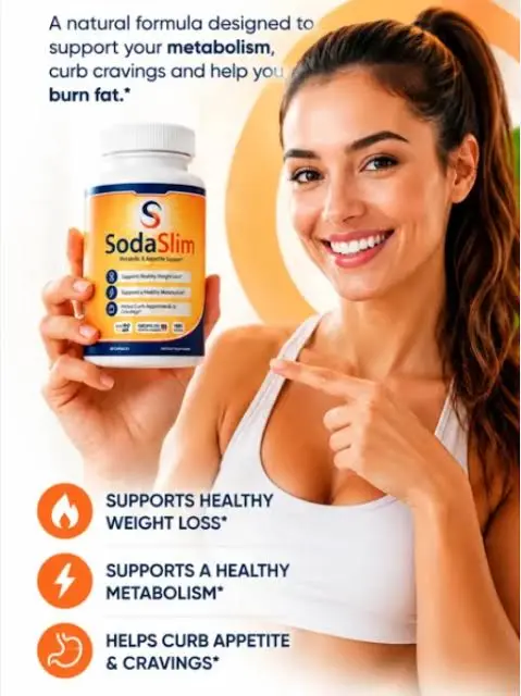 Woman holding a bottle of Soda Slim capsules